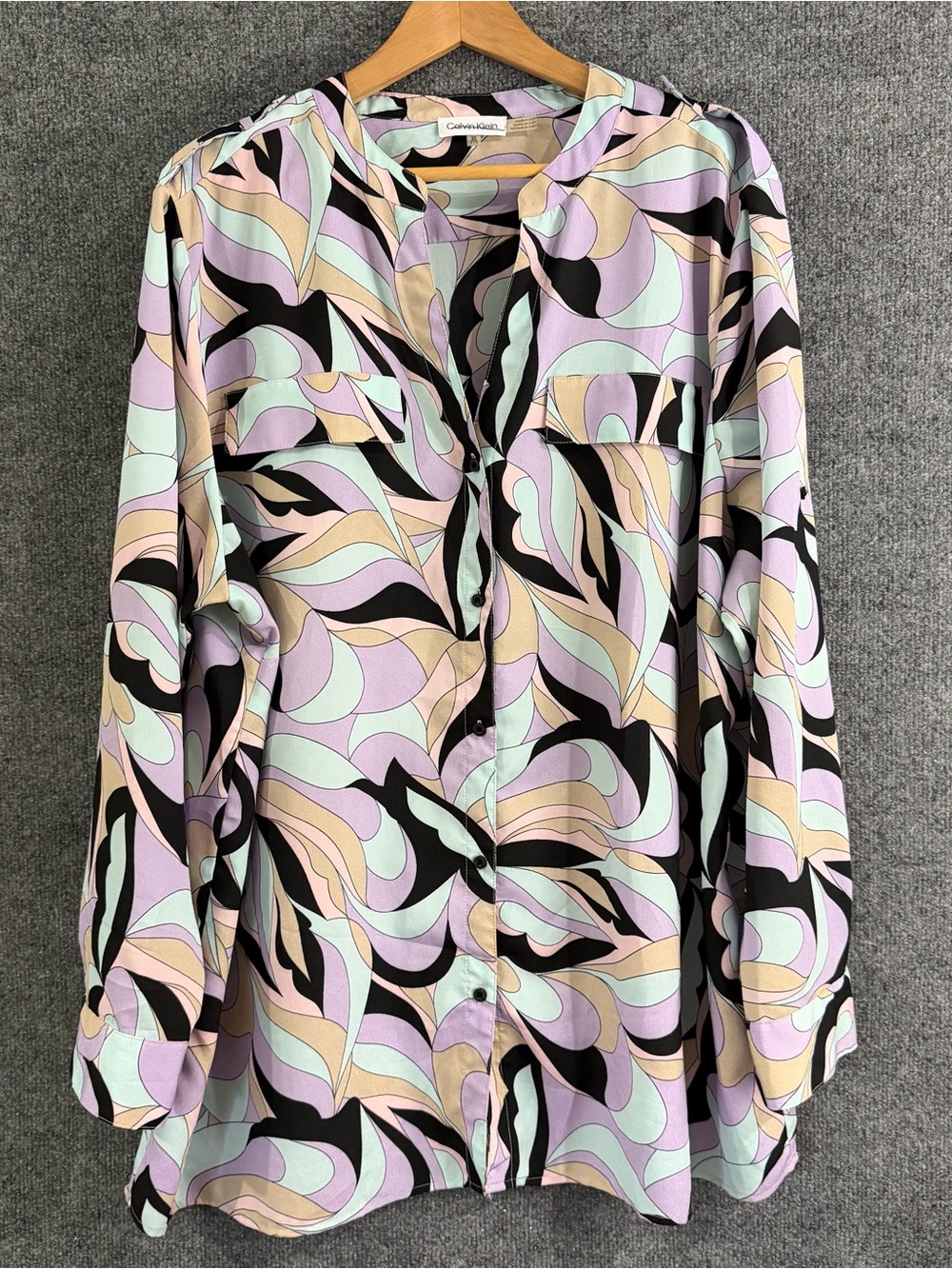 Calvin Klein Womens 3X button Up Top Purple Aqua Long Sleeve Retro Office Career